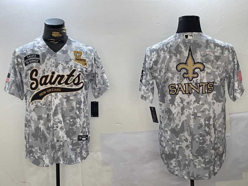 Mens New Orleans Saints Team Big Logo 2024 Arctic Camo Salute To Service Stitched Baseball Jerseys